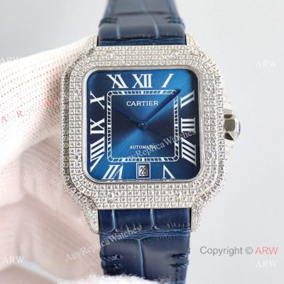 Swiss Quality Replica Cartier Santos 100 Iced Out Watches Blue Roman 40mm